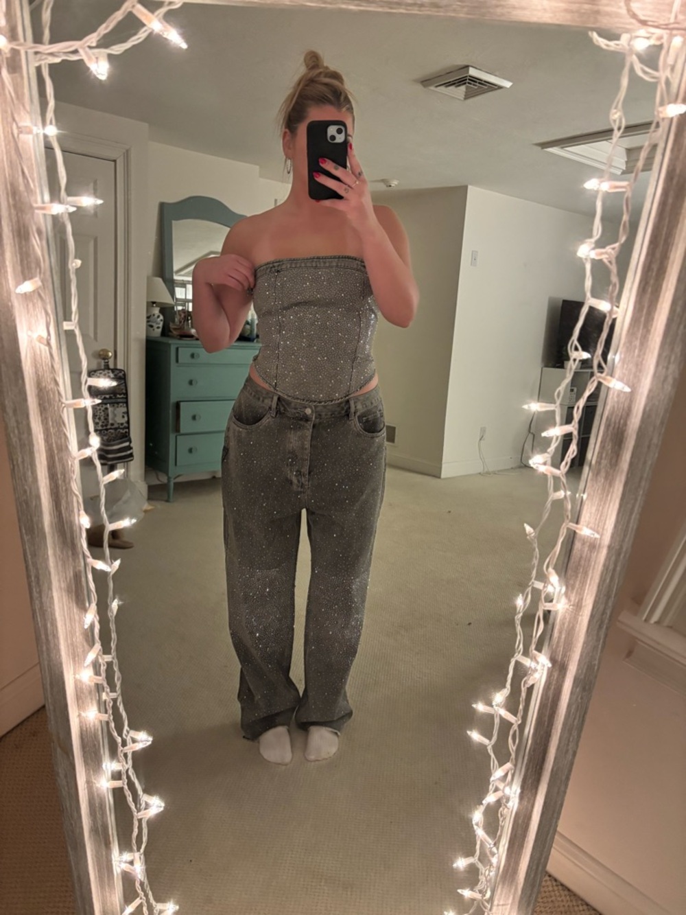 Marsthelabel The Kai Rhinestone Jeans in Grey and The Kai Rhinestone Corset (L)